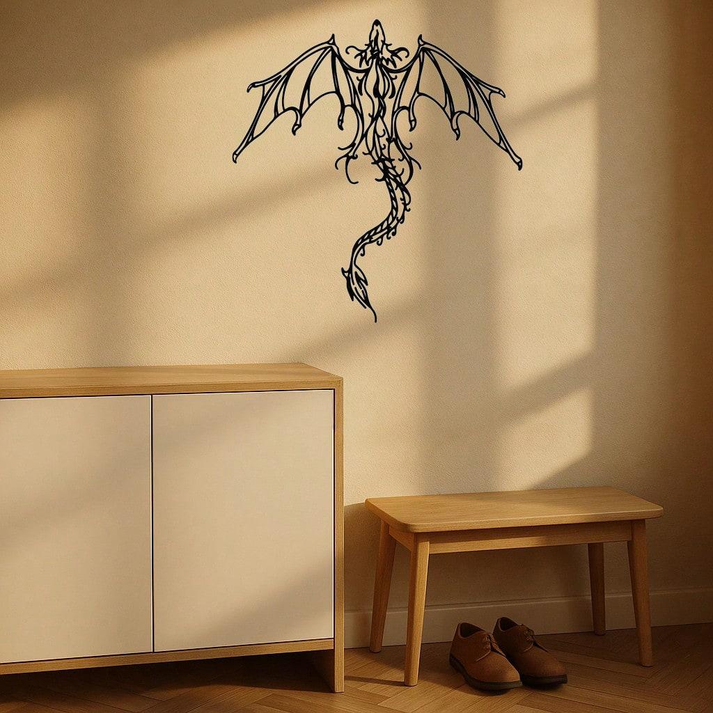 Black Metal Dragon Wall Art, Fantasy Home Decor, Modern Interior Hanging, Rustproof Gothic Decor for Bedroom, Gaming Lounge