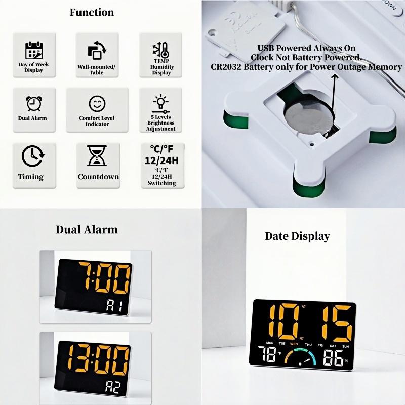 Large Digital Wall Clock TEMP Humidity Week Comfort Level 2 Alarm Snooze Table Clock 12/24H Count-up Countdown LED Clock