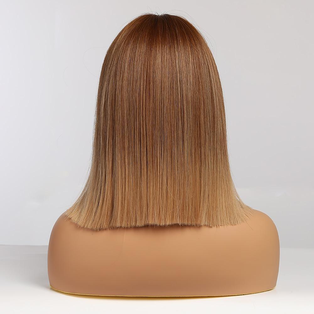 ALAN EATON Ombre Brown Golden Short Straight Hair Lolita Bobo Wigs with Bangs Synthetic Wigs For Women Cosplay Heat Resistant