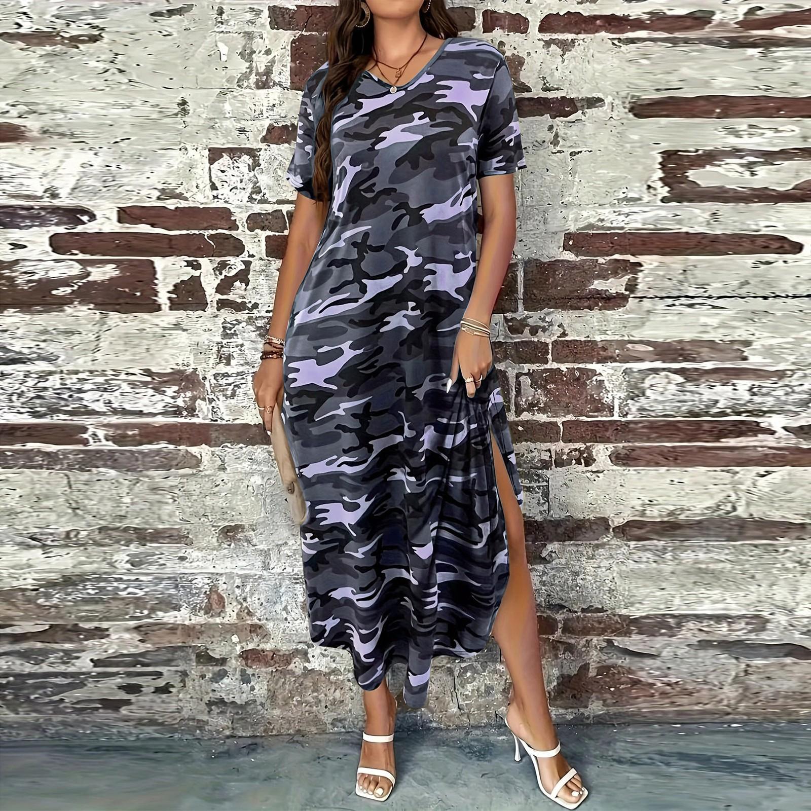 

Женское модное камуфляжное повседневное платье с коротким рукавом XXL синий