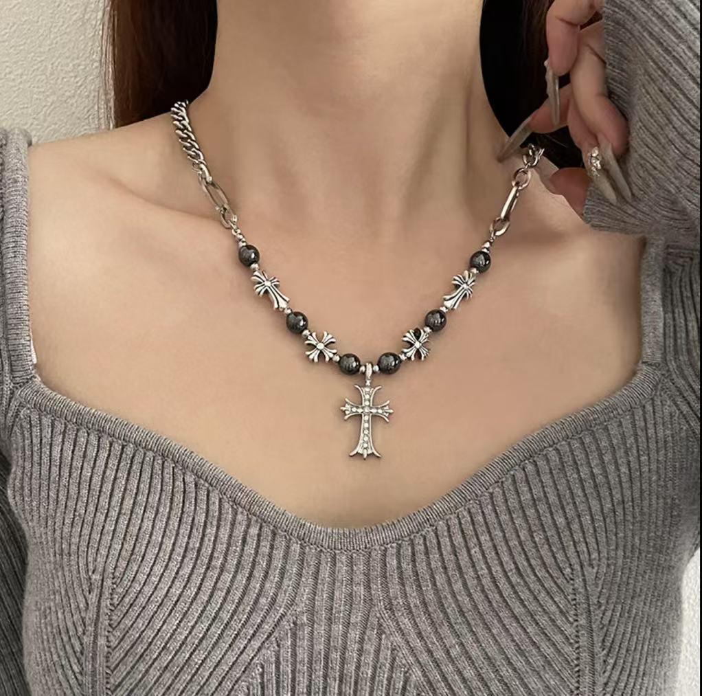 Y2K Gothic Style Black Beaded Cross Necklace & Cool Girl Sweatshirt Accessory