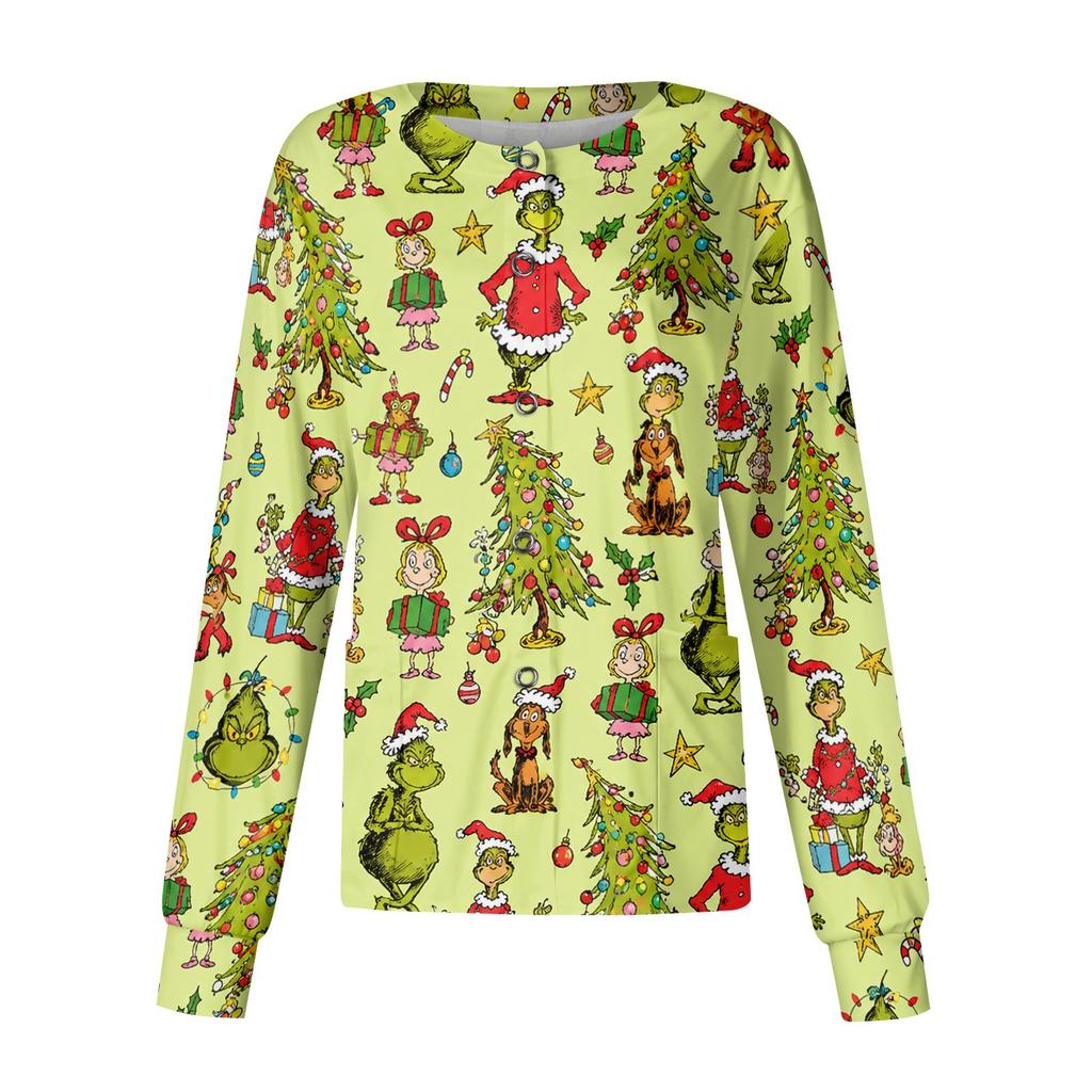 Women's Casual Long Sleeve Button Front Christmas Print Scrub Top for Work