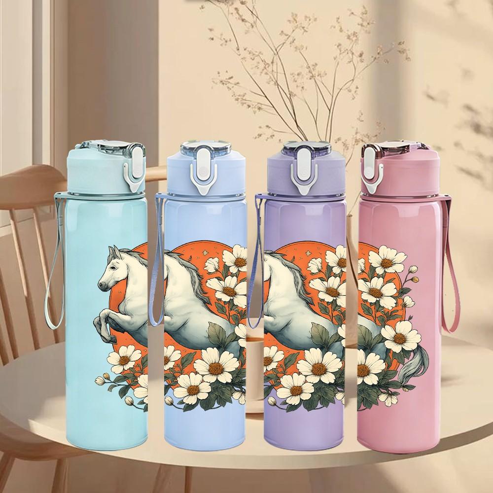 1PC Floral White Horse Art 750ml Color Plastic Sports Water Bottle Leakproof Flip Straw Lid Suitable for Sports Office Home Use