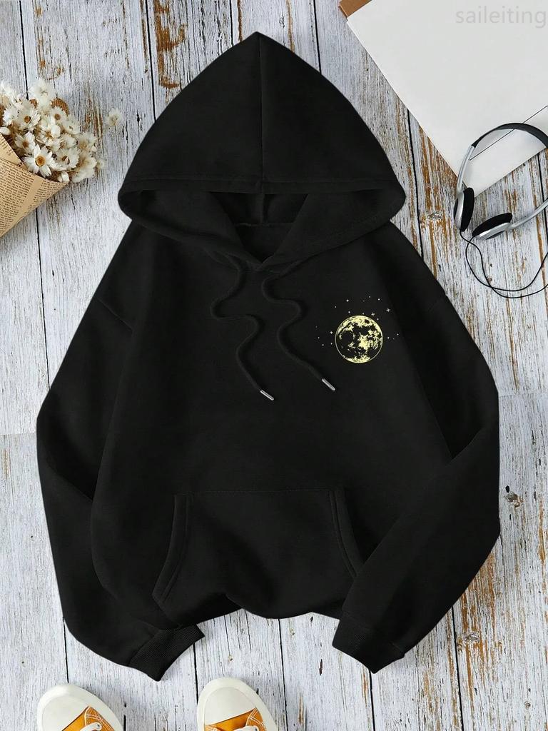 New with Different Moon Prints Front and Back Printed kangaroo pocket Hoodies Casual and Fashionable Women's Clothing