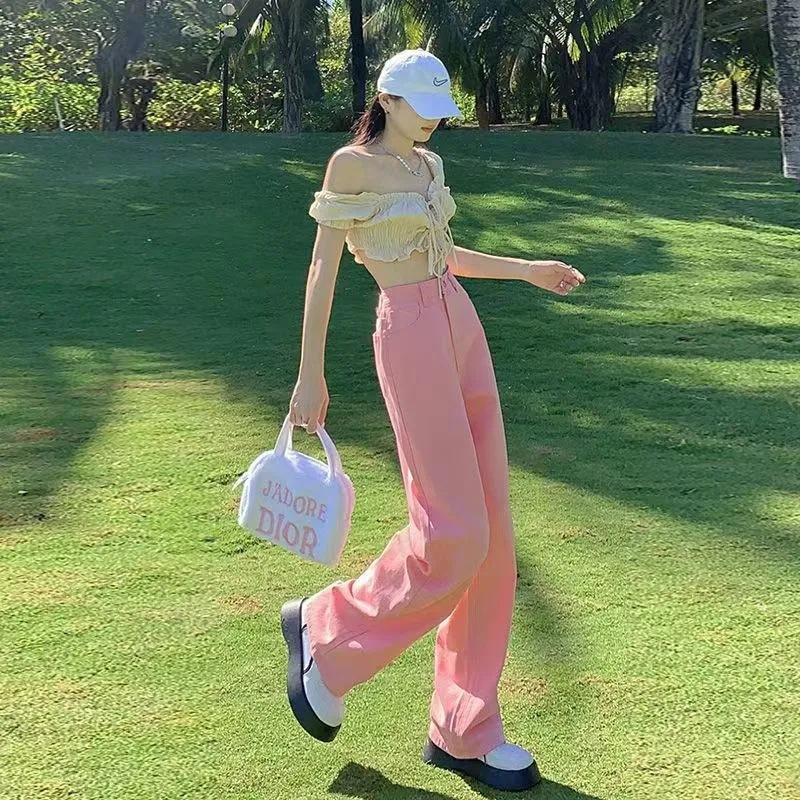 

Рожеві широкі джинси для жінок прямі вільні літні тонкі з високою посадкою облягаючі та подовжені кольорові драпіровані штани в підлогу S