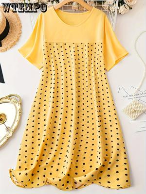 Plus Size Polka Dot Print Dress, Casual Crew Neck Short Sleeve Dress, Women's Plus Size Clothing