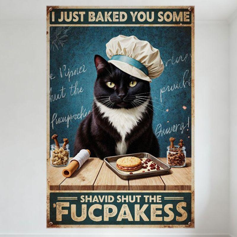 

Vintage Retro Kitchen Cat Chef Tin Sign, Black White Cat Baking with Rolling Pin & Jars, I Just Baked You Some Distressed Text 20x30cm（7.8x11.8inch）
