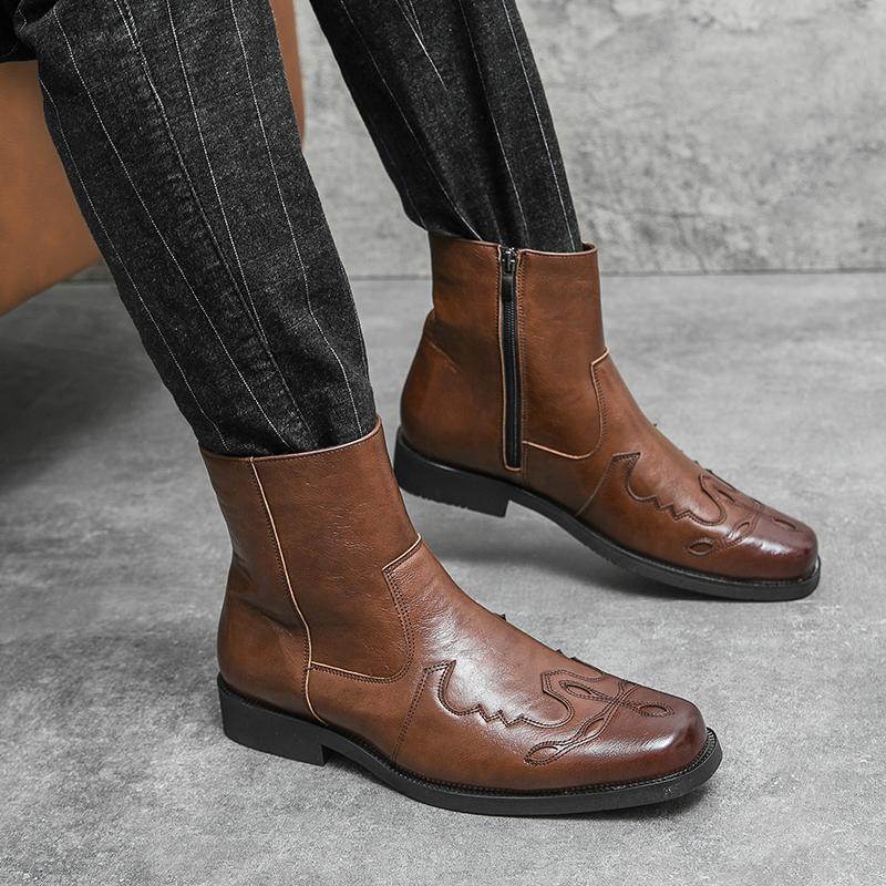 High Quality Casual Leather Boots Men Western Cowboy Leather Shoes Male Fashion Men's High Top British Outdoor Boots Shoes Male