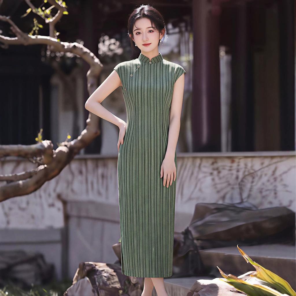New Chinese style cheongsam 1011 summer green stripes improved literary young girls daily dress