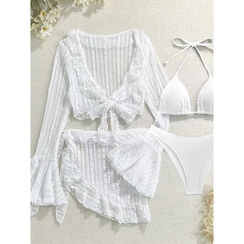 4PCS Halter With Sarong Long Sleeve Bikini Female Swimsuit Women Swimwear Four-pieces Bikini Set Bather Bathing Suit Swim V6338B