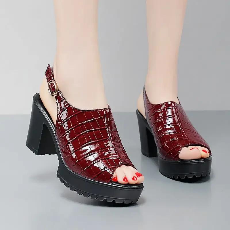 Small Size 32-43 Elegant  Block High Heels Sandals Patent Leather Shoes Summer 2025 Thick Platform Sandals Women Office Model