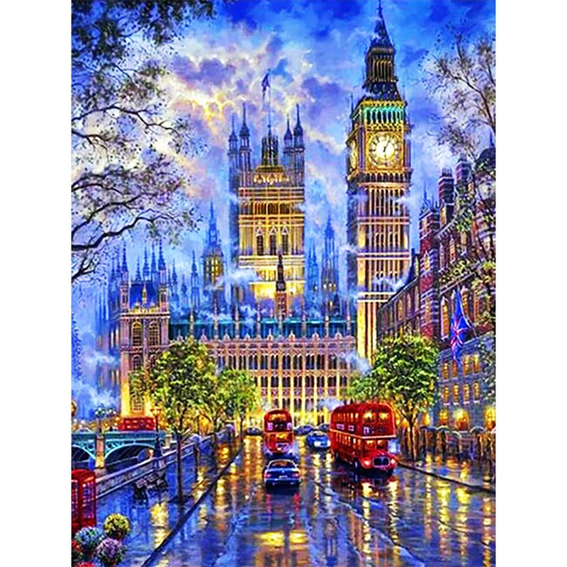 5D DIY Diamantmaling Naturlandskap Husbygning Diamantbroderi Maling Full Rund Diamantmosaikk DIY Hjemmedekor Gave