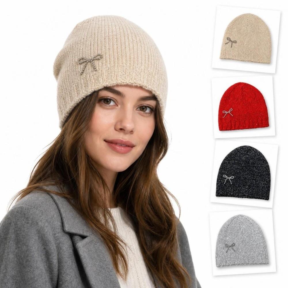 Rhinestone Bow Decor Skull Cap Hat Lightweight Warm Lining Sparkly Beanie Hat  Daily Wear