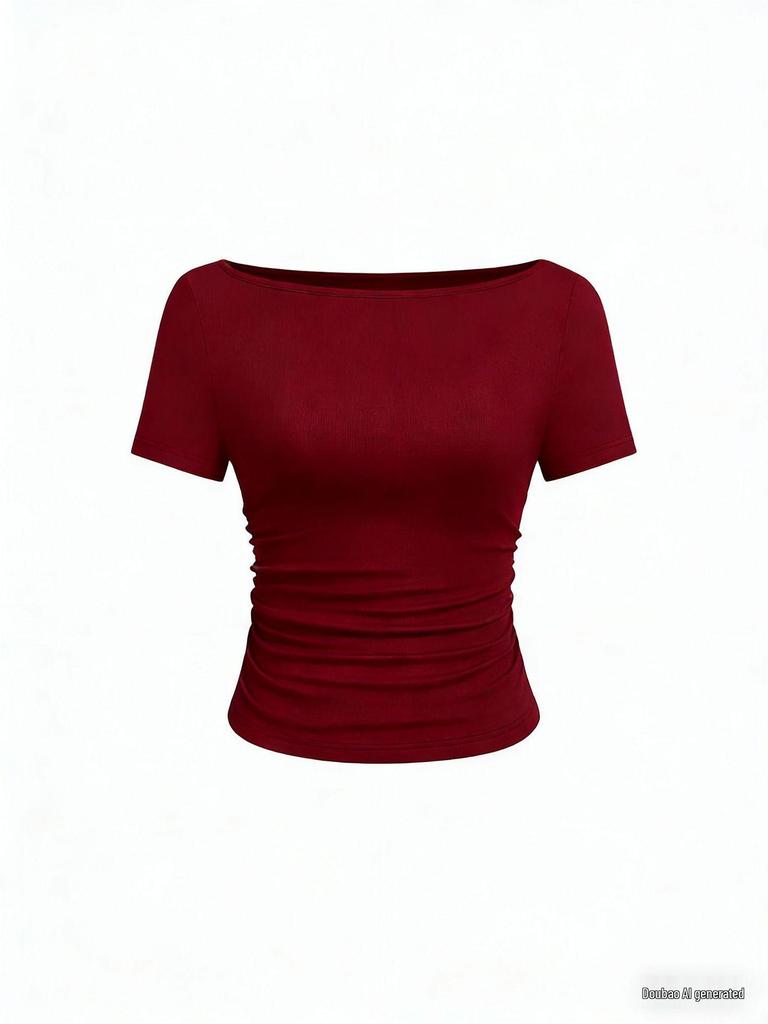 2025 Jesień Dopasowany Damski Top z Dekoltem Łódkowym, Dzwonkowym Rękawem i Marszczeniami - Jednolity Kolor, Długi Rękaw