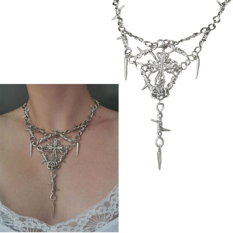 Y2k Gothic Cross Necklace for Women Men Jewelry Cross Pendant Punk Barbed Wire Thorns Metal Necklace Jewelry Ornament