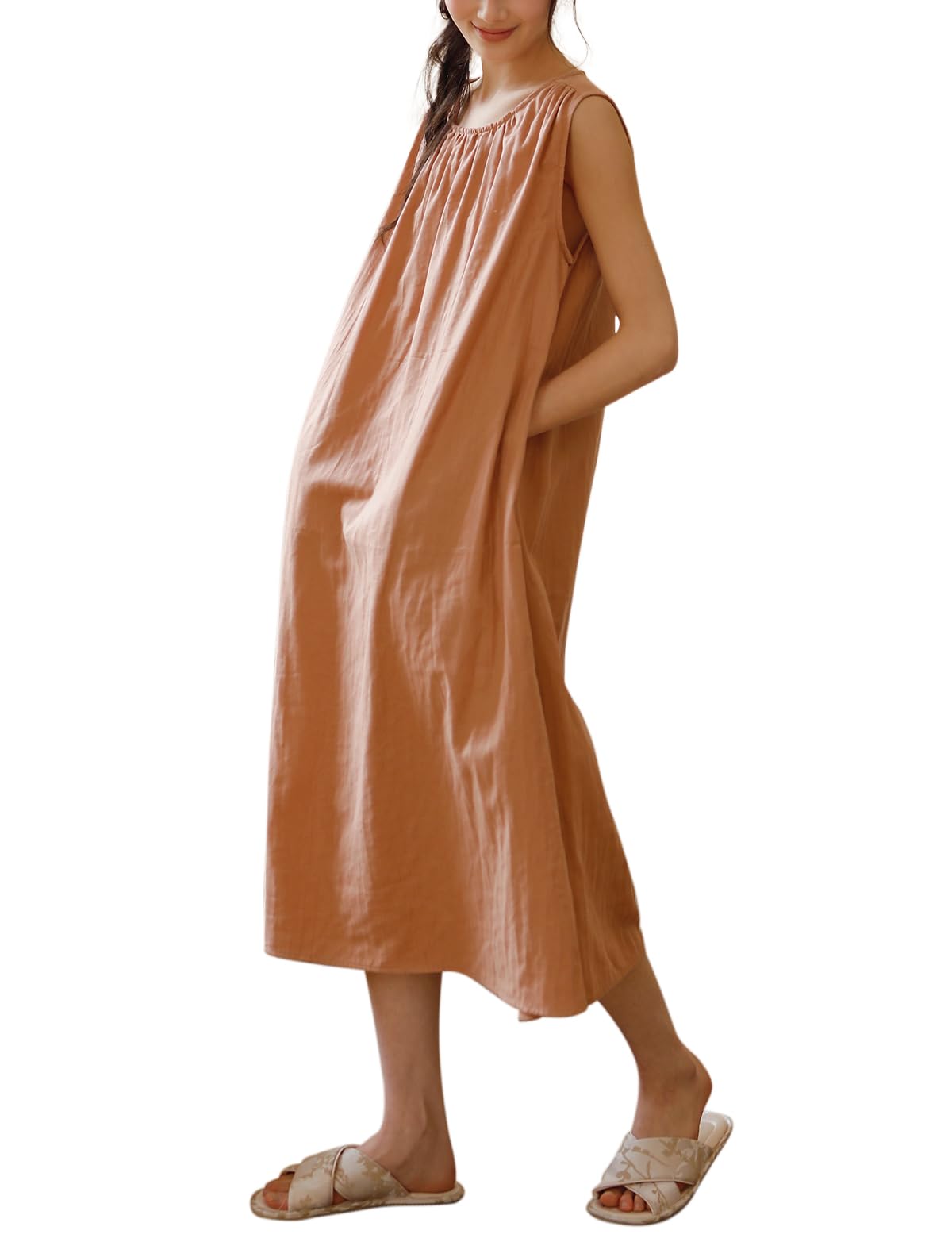 

Euyqs Cotton Double Gauze Sleeveless Dress with Nightwear Women s Pockets, Loose-Fitting (Yuzu, XL)