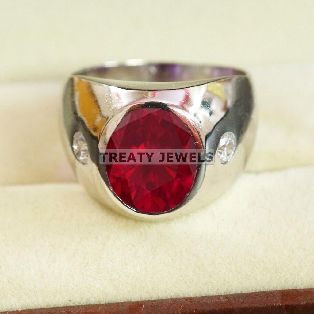 Ruby Oval Cut Gemstone With 925 Sterling Silver Ring For Men's #B518 JL375684089483