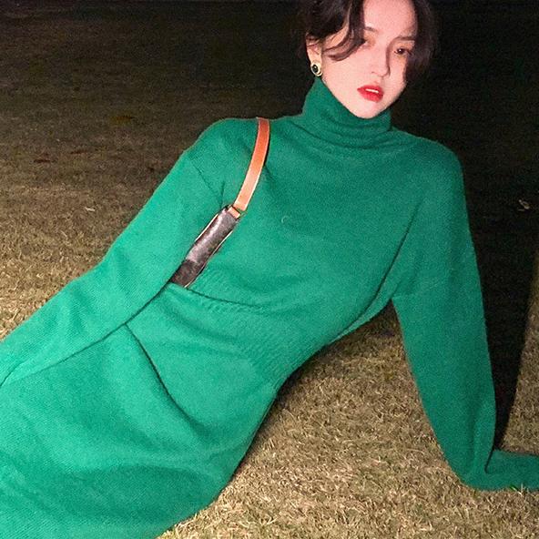 Rochie de damă cu gât roscat Pulover cu mânecă lungă Rochii cu tricot femei talie înaltă subțire toamnă iarnă pulover tricotat halat lung Nou