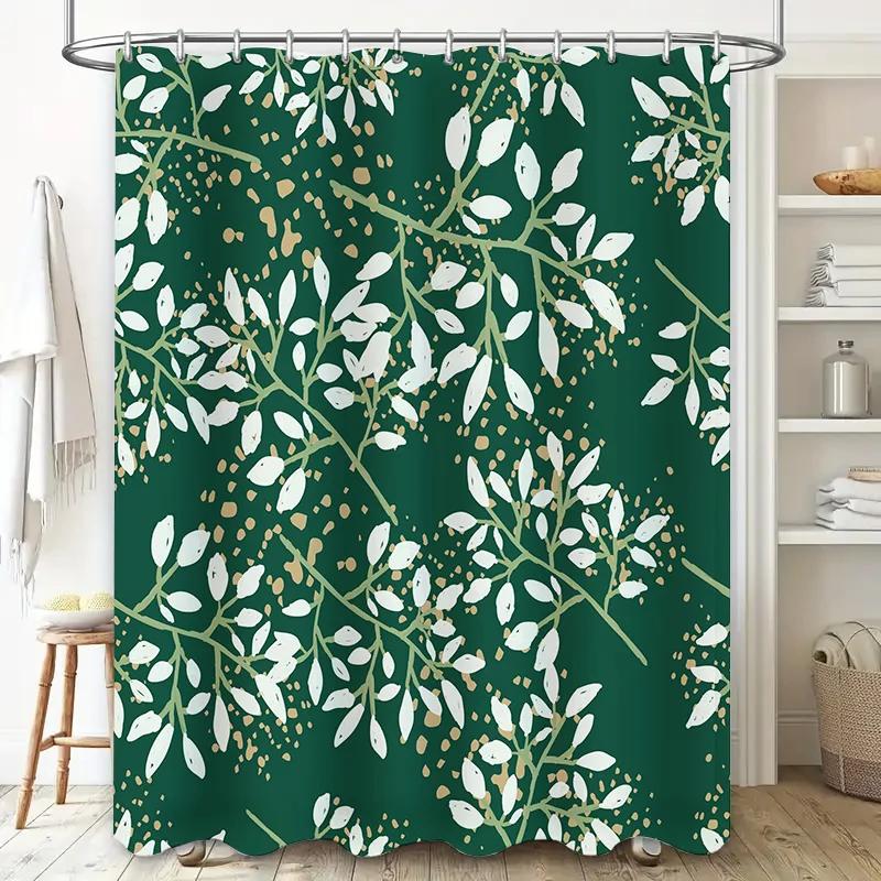 

Green Floral Shower Curtain Set Luxury White Bathroom Decor for Home Modern Bath Mat, Rods Accessories Kit W90xH180cm