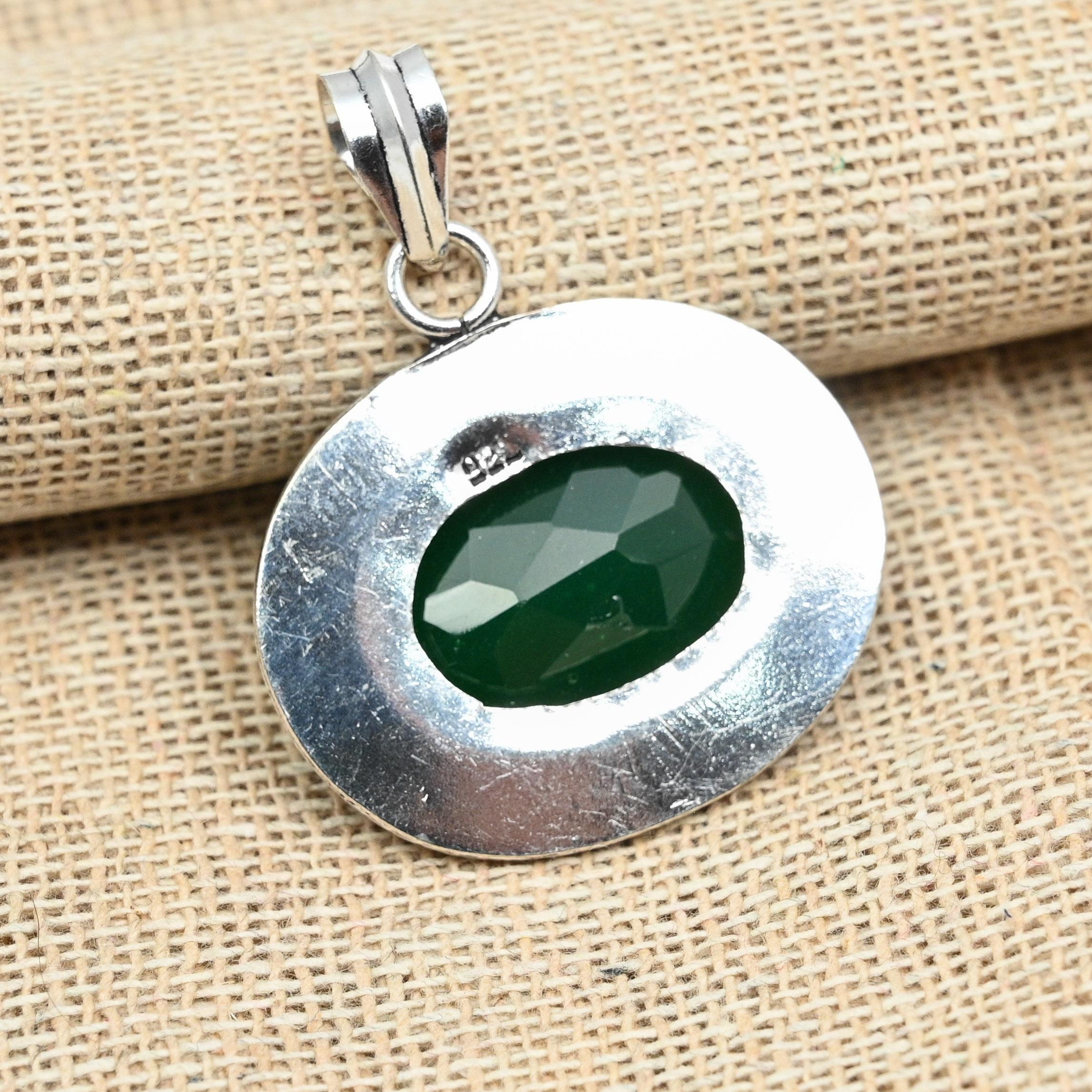 Pendentif Collier Fait Main En Argent 925 Avec Onyx Verte Naturelle - Longueur 18 Pouces