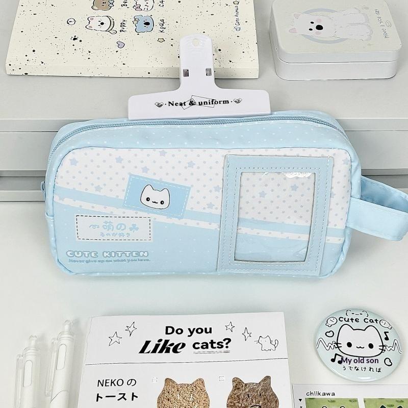 Portable Large Capacity Pencil Case Blue Polka Dot Cute Cat Print Stationery Organizer for Students Travel Use