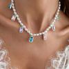Colorful Pendant Choker Necklace Sparkling Y2K Rhinestone Ring Imitation Pearl Necklace  Gift