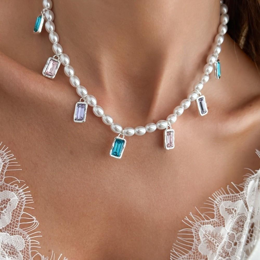 Colorful Pendant Choker Necklace Sparkling Y2K Rhinestone Ring Imitation Pearl Necklace Gift