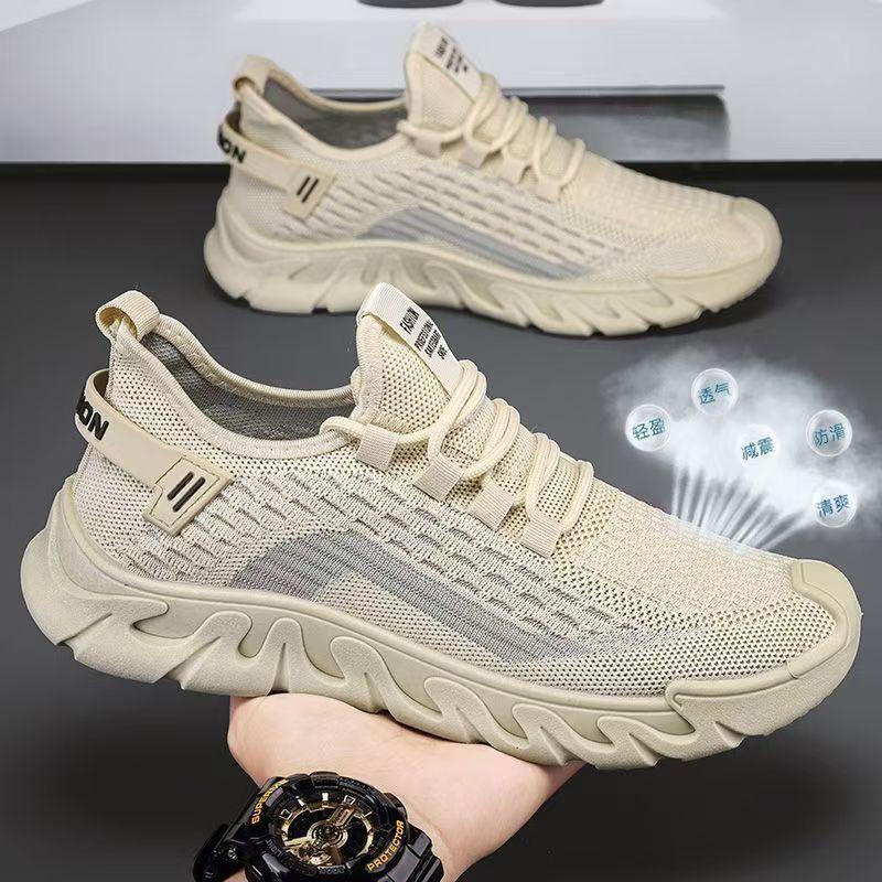 

Men s shoes summer fly-woven mesh shoes fashionable breathable sports shoes soft sole lightweight student running shoes 46 бежевый