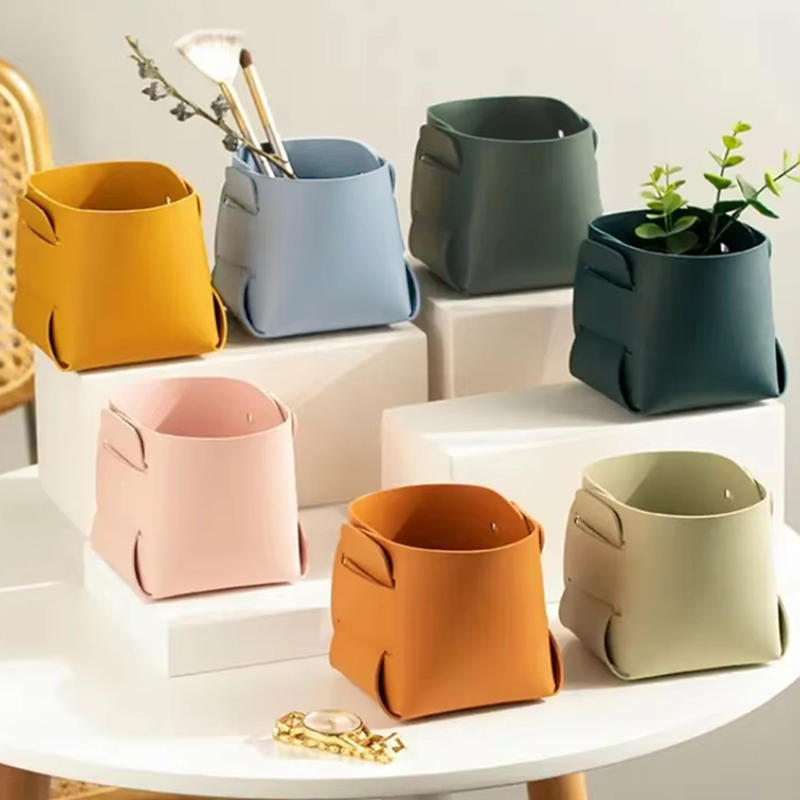 Household Creative Minimalist Desktop Leather Makeup Brush Holder Foldable Collapsible Pen Holders Sundries Organizing Basket