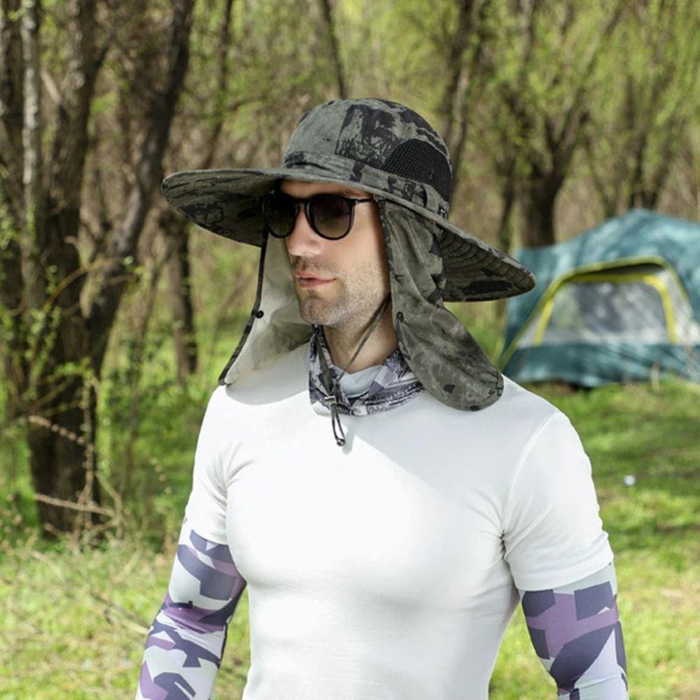 Wide Brim Men Sun Hat with Shawl Veil Camouflage Caps Mask Set Fisherman Hat  Unisex