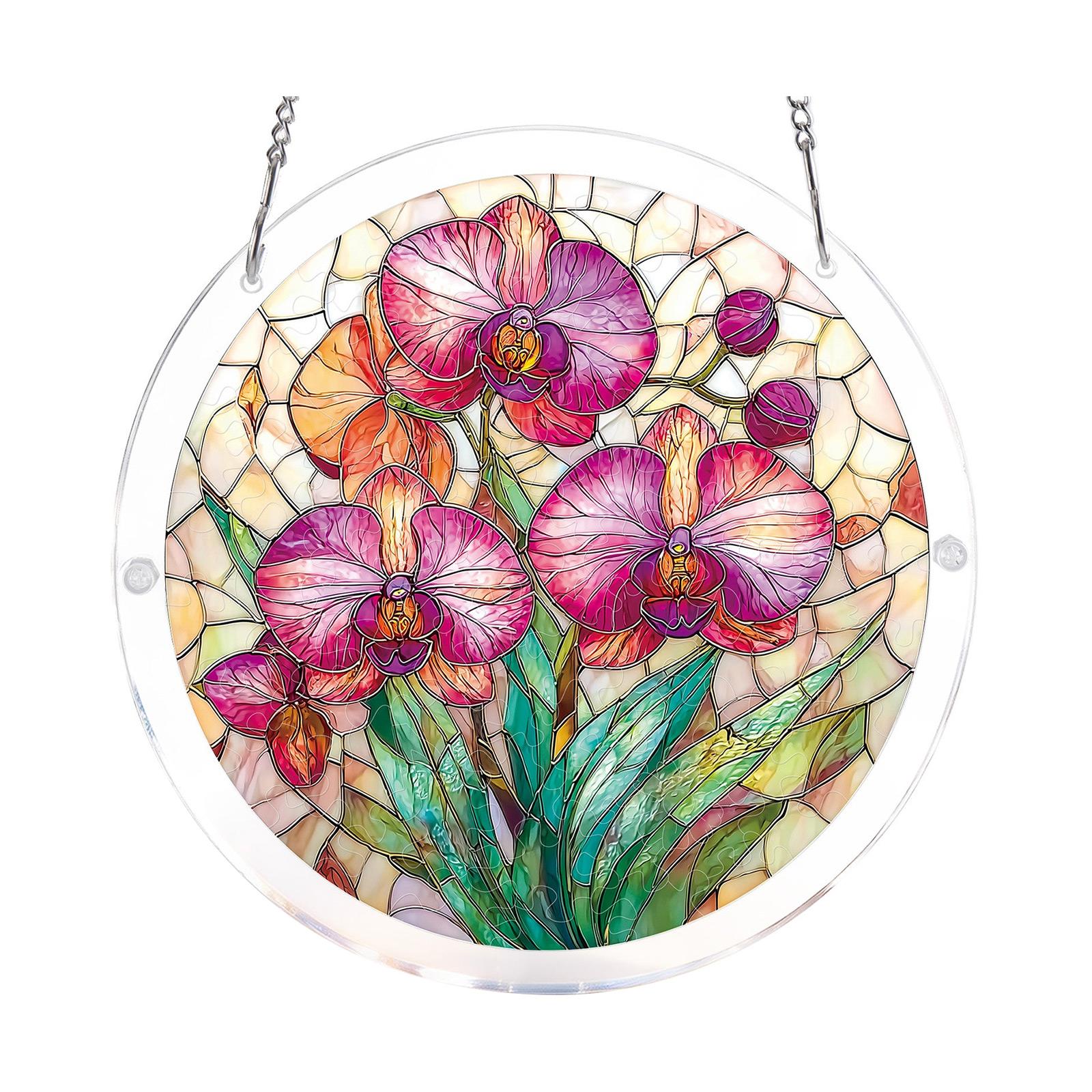 Acrylic Suncatcher Window Hanging Decoration 2D Round Shape with Leaf Pattern Stained Glass Style Home Ornament One Size