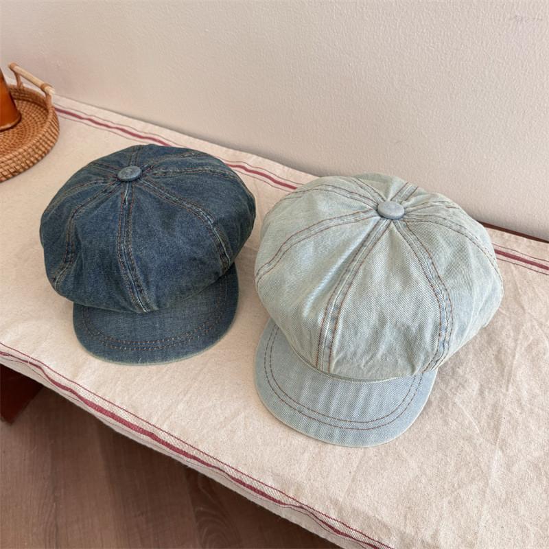 Large Head Circumference Denim Beret Hat Round Top Style With Short Brim Stylish Cloud Design Cap