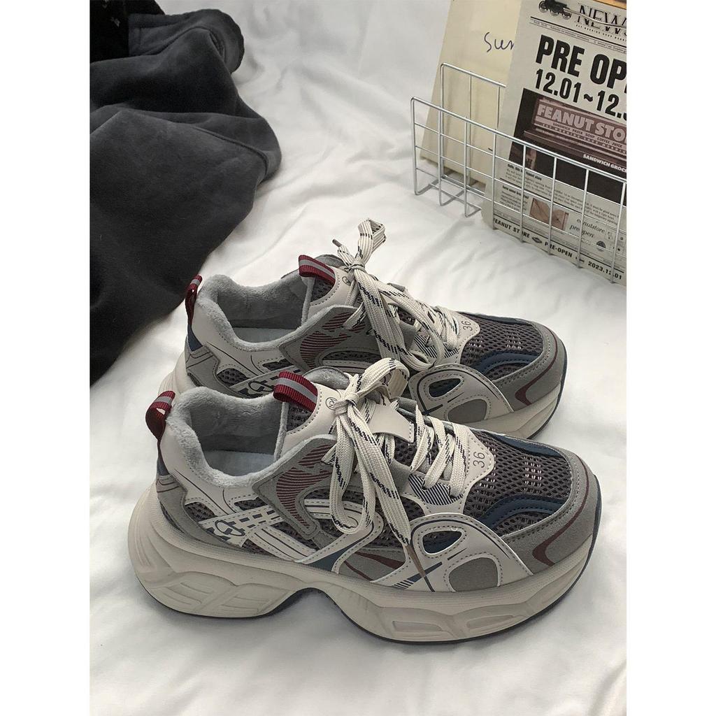 Graue Fleecegefütterte Lässige Jugend-Dad-Sneaker mit dicker Sohle und Höhenerhöhung