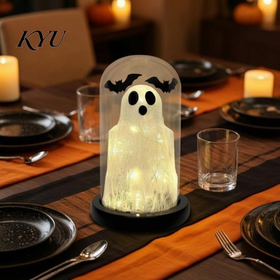 Battery Operated LED Table Lamp Halloween Light Up Ghost In Dome Cloche, Cute Night Desktop Centerpiece for with Bats Home Kitchen Mantel Tabletop