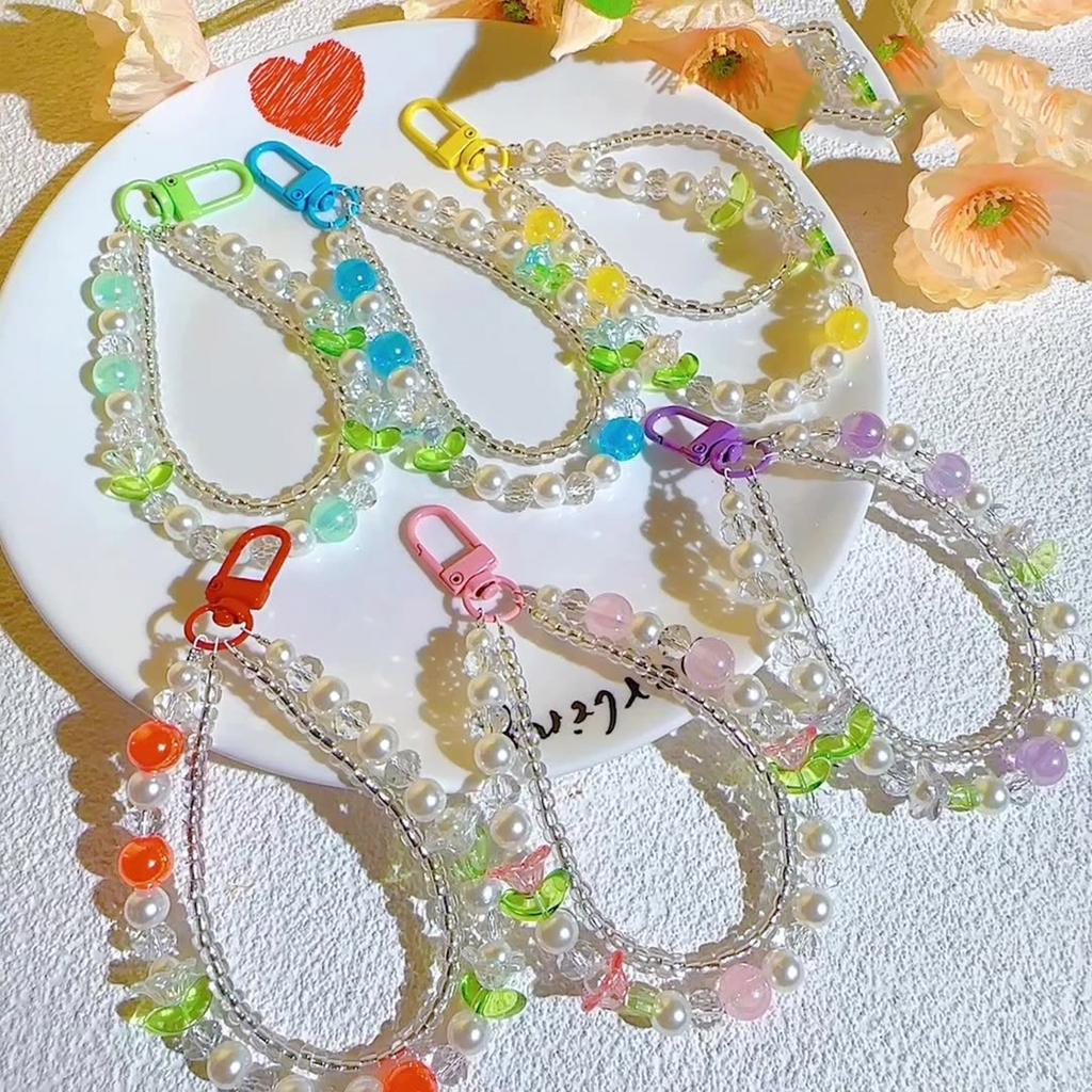 Fashion Double Layer Flower Beaded Charm Pendant Chain Phone Strap Pocket Keychain Strap Decoration for Keys Bag Purse
