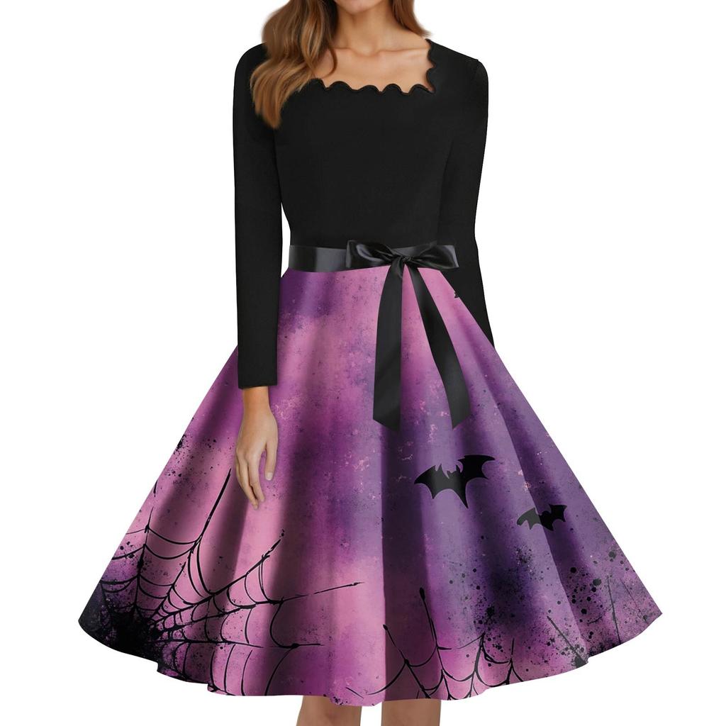 Women's Fashion Square Neck Casual Slim Halloween Printed Long Sleeve Dresses
