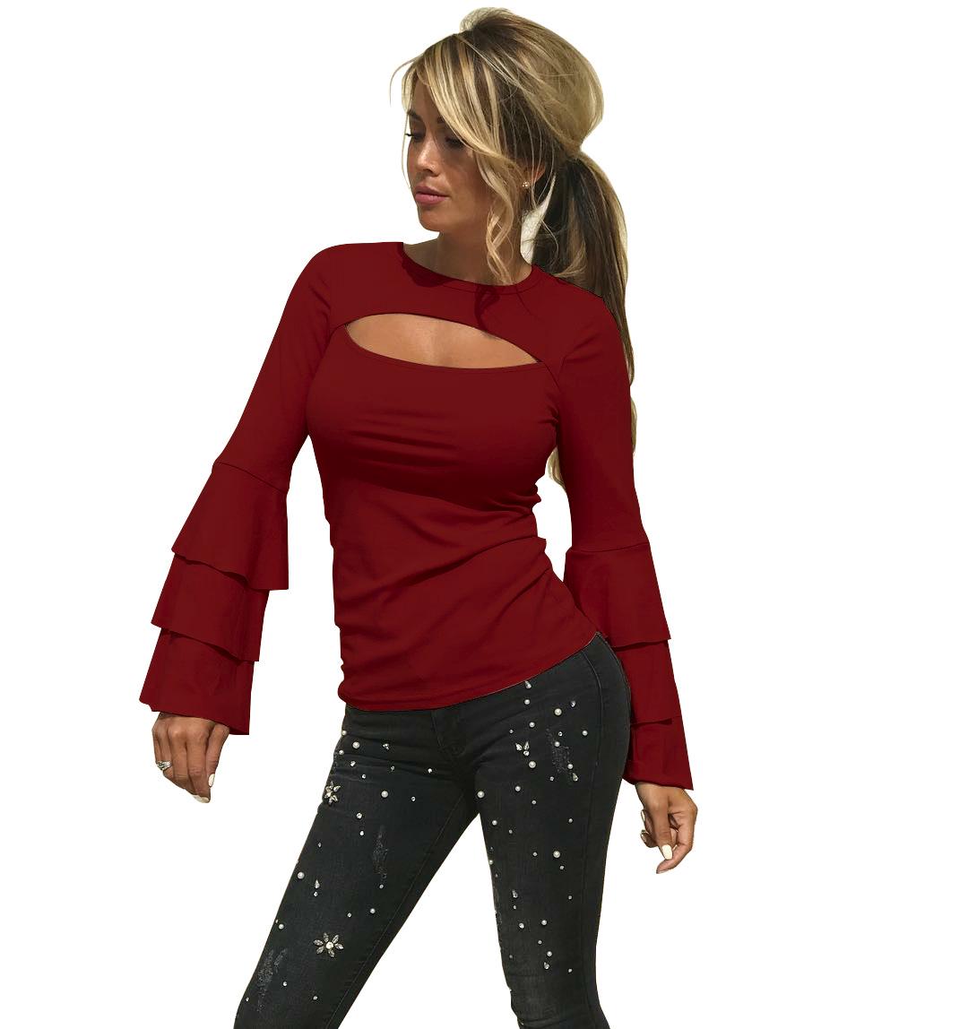 

В наличии! Европейский и американский осенне-зимний сексуальный топ с круглым вырезом и рукавами-клеш с низким вырезом Medium вино красного