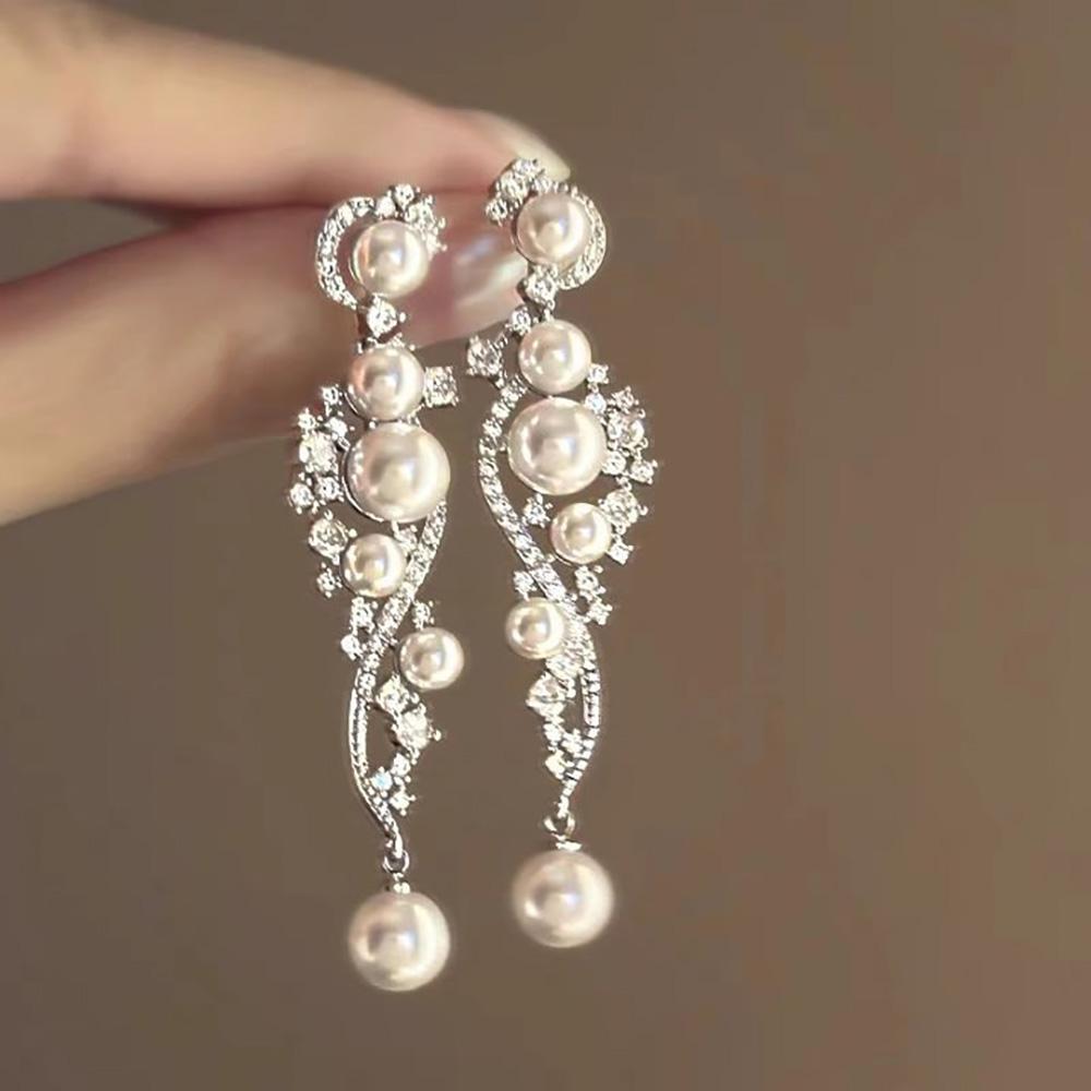 White Bowknot Imitation Pearls Tassel Dangle Earrings for Women Temperament Versatile Fashion Earring Elegant Zircon Wholesale