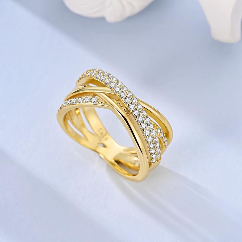 

Original 925 Sterling Silver Gold Pave Multi-ring Crossover Wide Ring for Women Girls Jewelry Birthday Anniversary Gifts 9