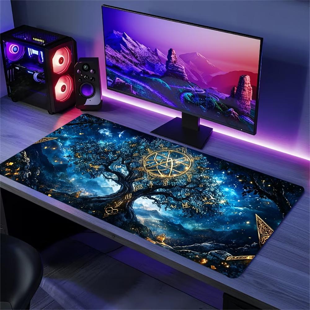 Mystical Galaxy Tree Large Gaming Mouse Pad Non Slip Rubber Lock Edge Extended Desk Mat For Gamers Office Laptop Desktop Layout