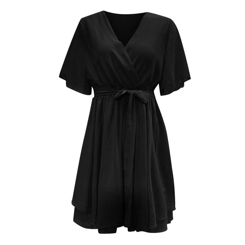 Damen V-Ausschnitt Kleid Sommer Kreuzgurt Rüschensaum Chiffon Lässige Strandkleider