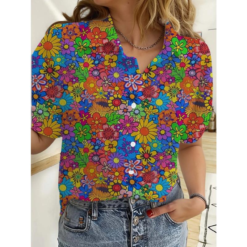 Hawaiian Womens Shirts Short Sleeve Button Floral Rose Printed Tops Casual Beach Shirts Summer New Sunflower Blouse Women's Tops