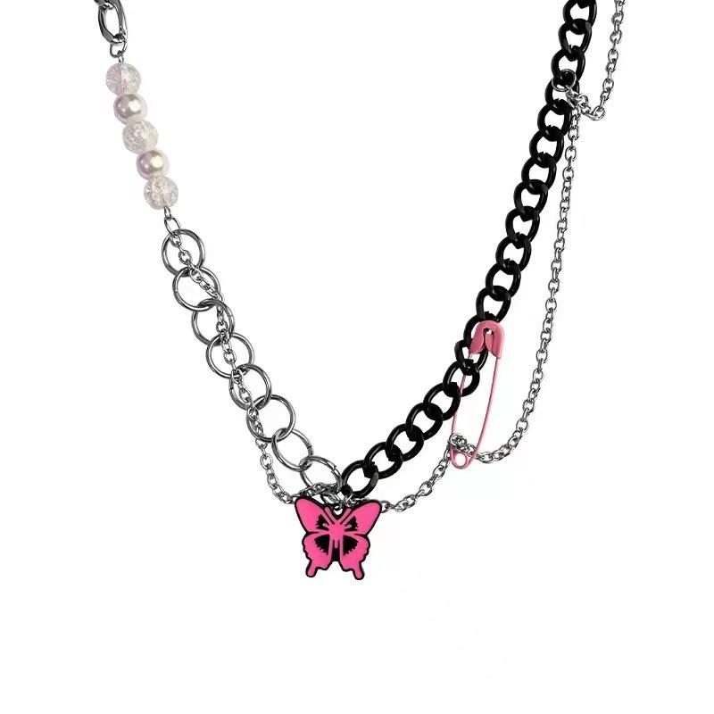 

Personalized black chain pin rose pink butterfly necklace female sweet cool babes pendant sweater chain collarbone chain jewelry