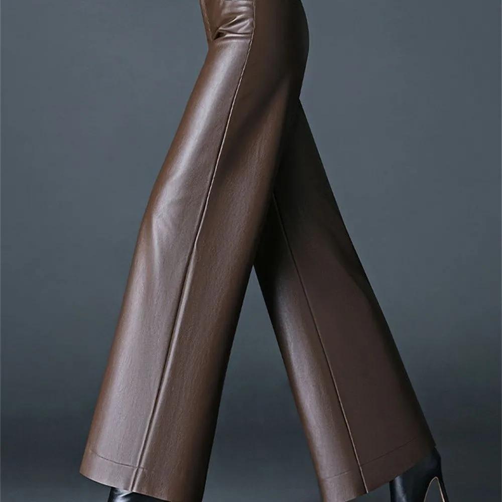 Πυκνό Δερμάτινο Παντελόνι PU Γυναικείο Φθινόπωρο Χειμώνας Χαλαρό Casual Φαρδύ Παντελόνι με Ελαστική Μέση και Ψηλή Μέση, Μαύρο Παντελόνι με Εννέα Τούλι