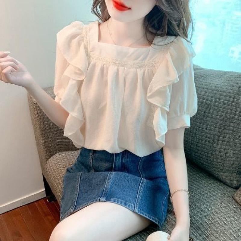Women s Summer Chiffon Shirt - Short Sleeve, Stylish French Collar Top XXS