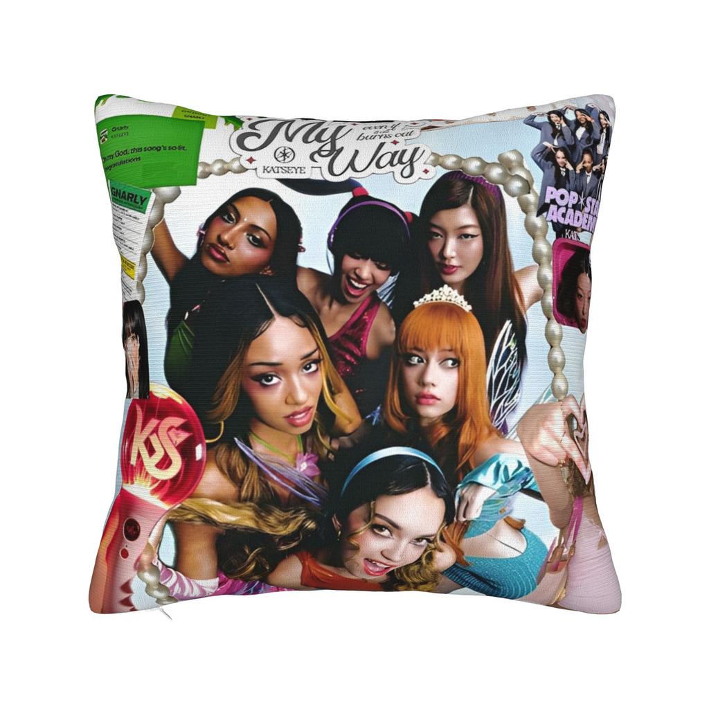 Katseye Kpop Style Square Pillow Cases Cushion Cover Vintage Zippered Decorative Throw Pillow Case Cover For Home 45X45Cm