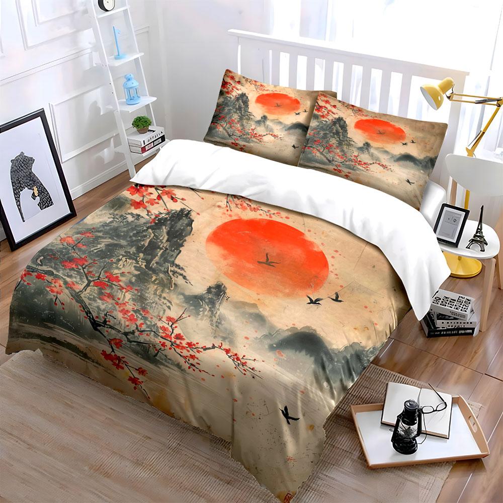 Red sun, birds, mountains. Bedding sets Duvet cover sets Duvet covers Pillowcases(1 * Duvet Cover 2 * Pillowcases without duvet insert)
