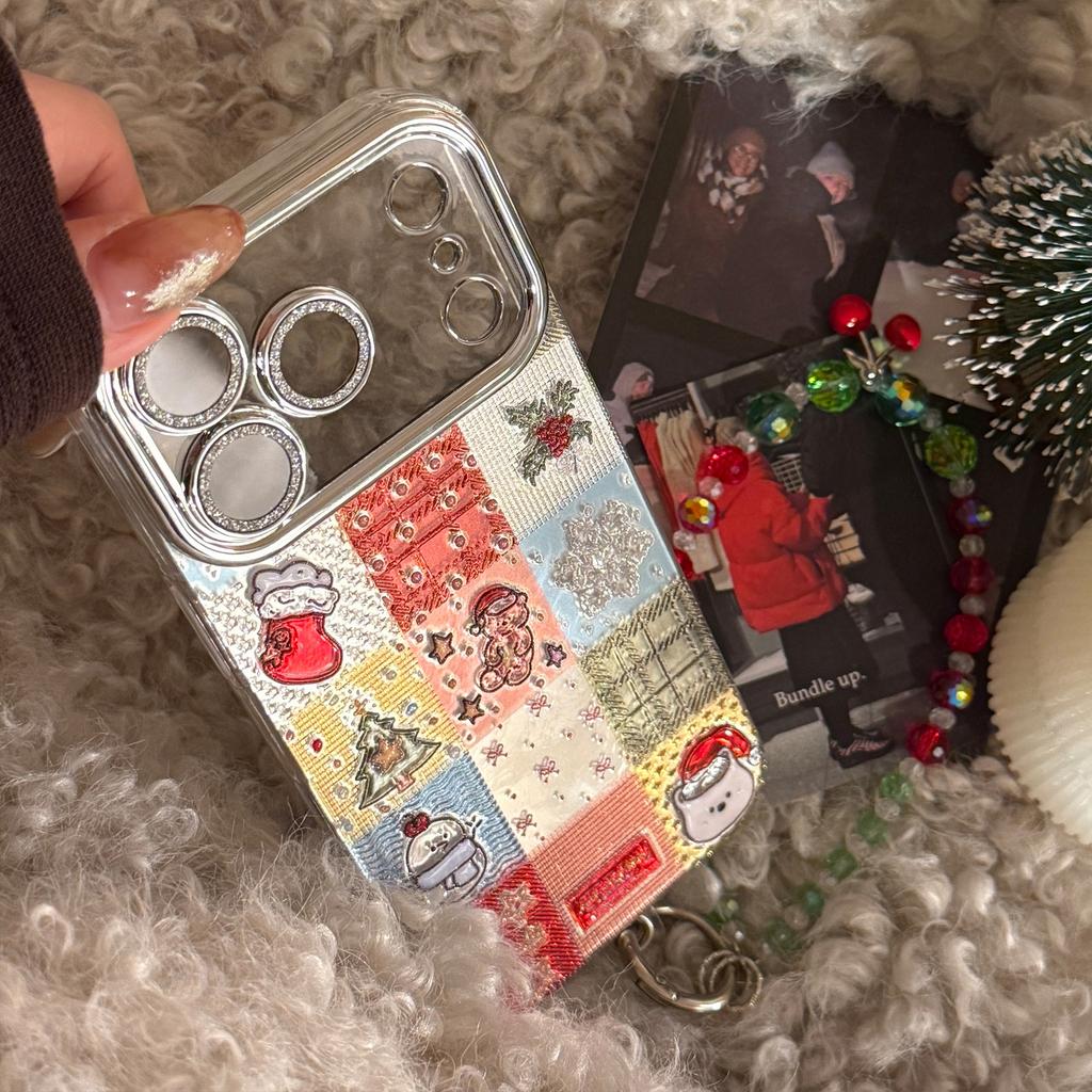 Suitable for Apple 17promax Mobile Phone Case 15 Cartoon Christmas Plaid for Iphone16 Glitter Embossed 13 Hanging Chain Hard