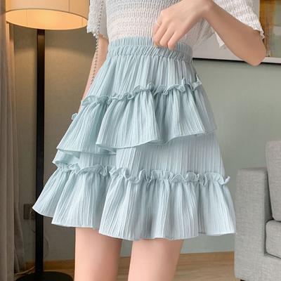 Blue White Summer Sweet Skirts Solid Color Ruffles Patchwork High Waist Casual Loose Skirt Women's Clothing
