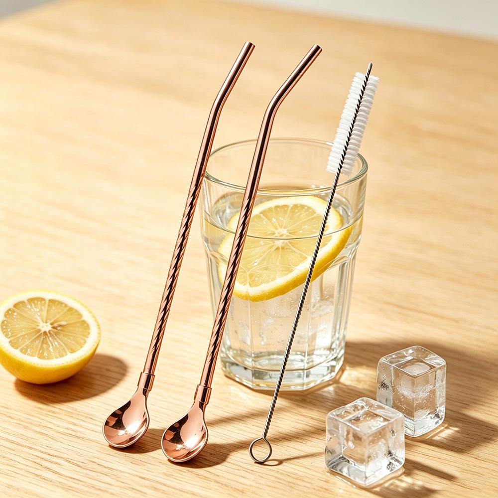 2 stuks Lepelrietjes Roestvrij Staal Drinklepelrietjes Herbruikbaar Metaal Cocktailrietjes met 1 stuks Lange Schoonmaakborstel